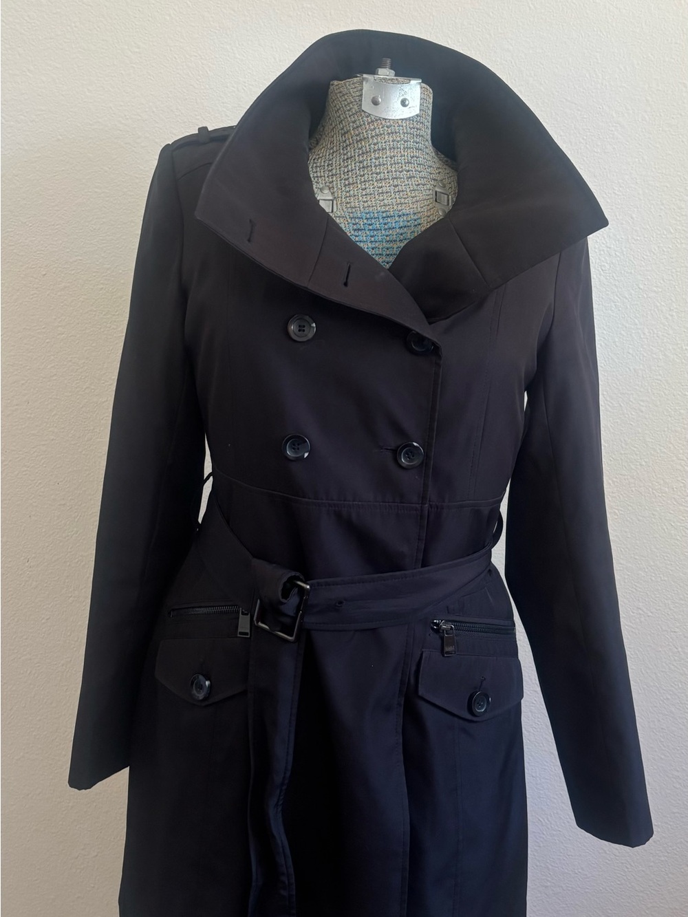 Marc New York Women's Black Double-Breasted Trench Coat with Removable Lining